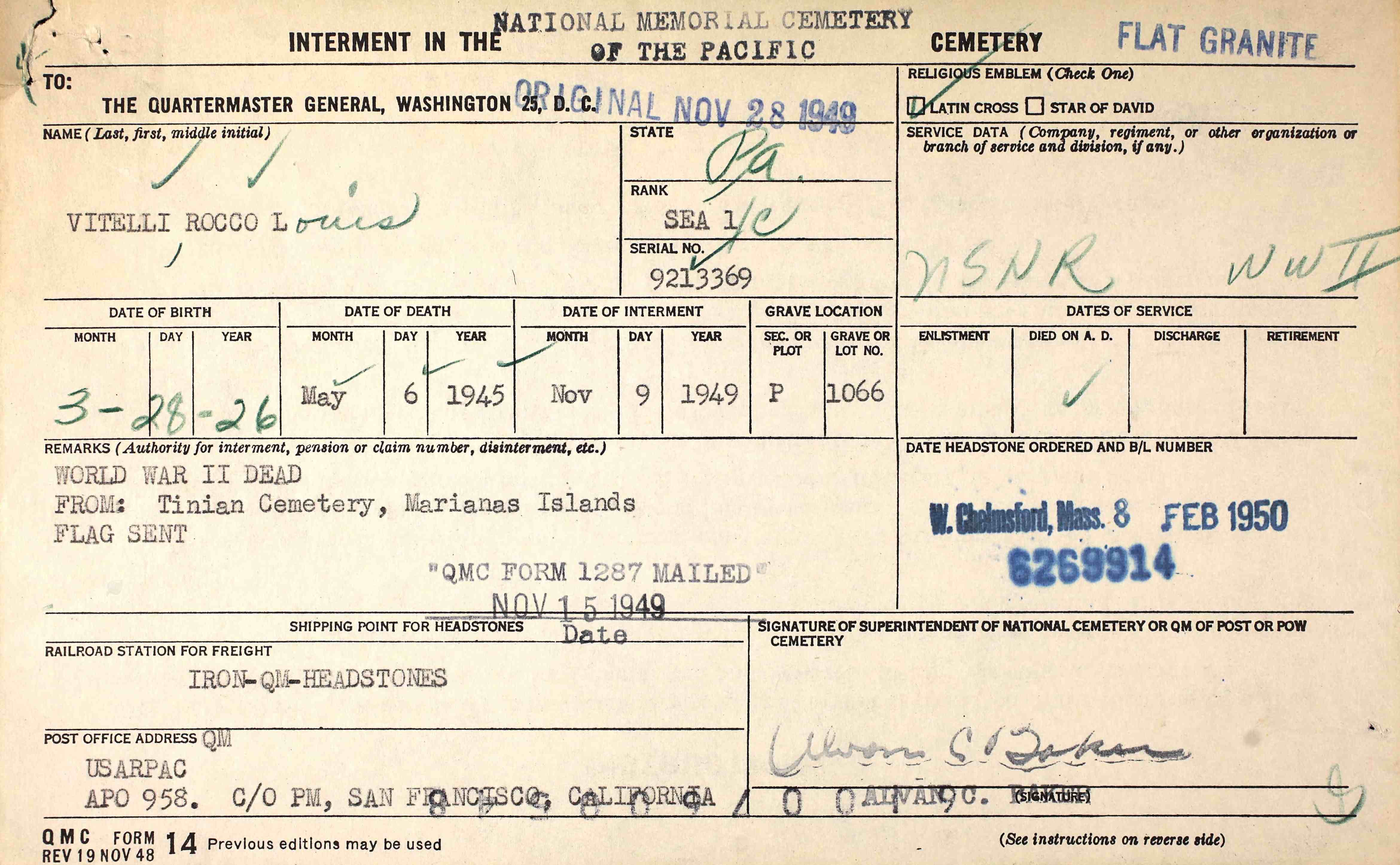 Interment record for Seaman First Class Rocco Louis Vitelli