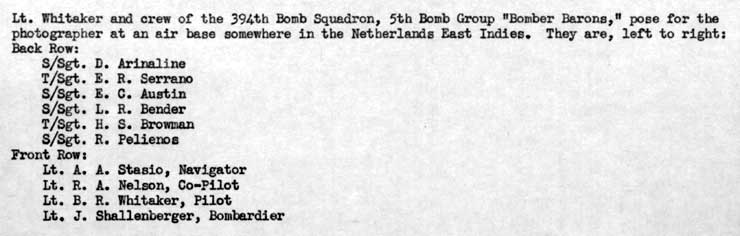 Caption identifying the crew members of Lieutenant Whitaker's aircraft