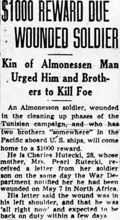 $1,000 Reward Due Wounded Soldier — Camden Courier-Post June 17, 1943