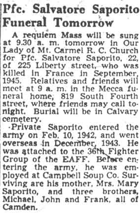 Camden Courier-Post, December 14, 1948 — Pfc. Salvatore Saporito Funeral Tomorrow