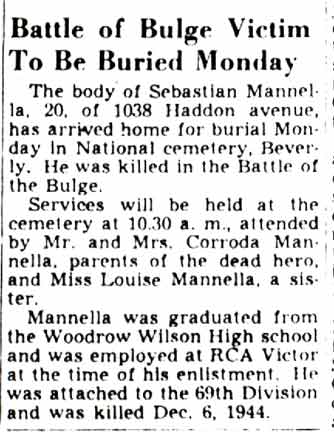 Camden Courier-Post article, November 12, 1947: Battle of Bulge Victim To Be Buried Monday