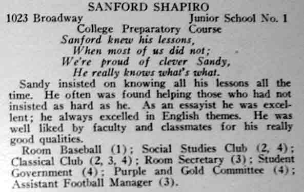 Camden High School yearbook entry for Sanford Shapiro, January 1928