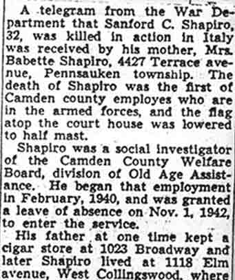 Camden Courier-Post article, November 16, 1943, reporting death of Sanford C. Shapiro (part 1)