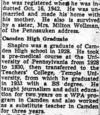 Camden Courier-Post article, November 16, 1943, reporting death of Sanford C. Shapiro (part 2)