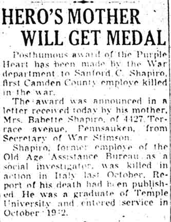 Camden Courier-Post article, January 9, 1944: Hero's Mother Will Get Medal