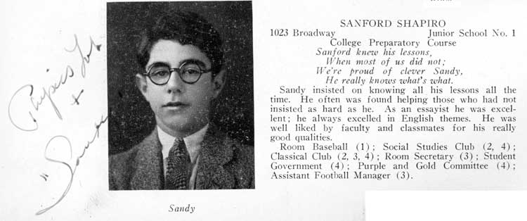 Sanford Shapiro's page in the Camden High School Purple and Gold Yearbook, January 1928