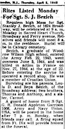 Newspaper article, April 8, 1948: Rites Listed Monday For Sgt. S. J. Bezich