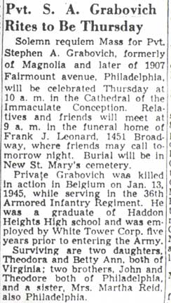 Camden Courier-Post, April 19, 1949 — Pvt. S. A. Grabovich Rites to Be Thursday