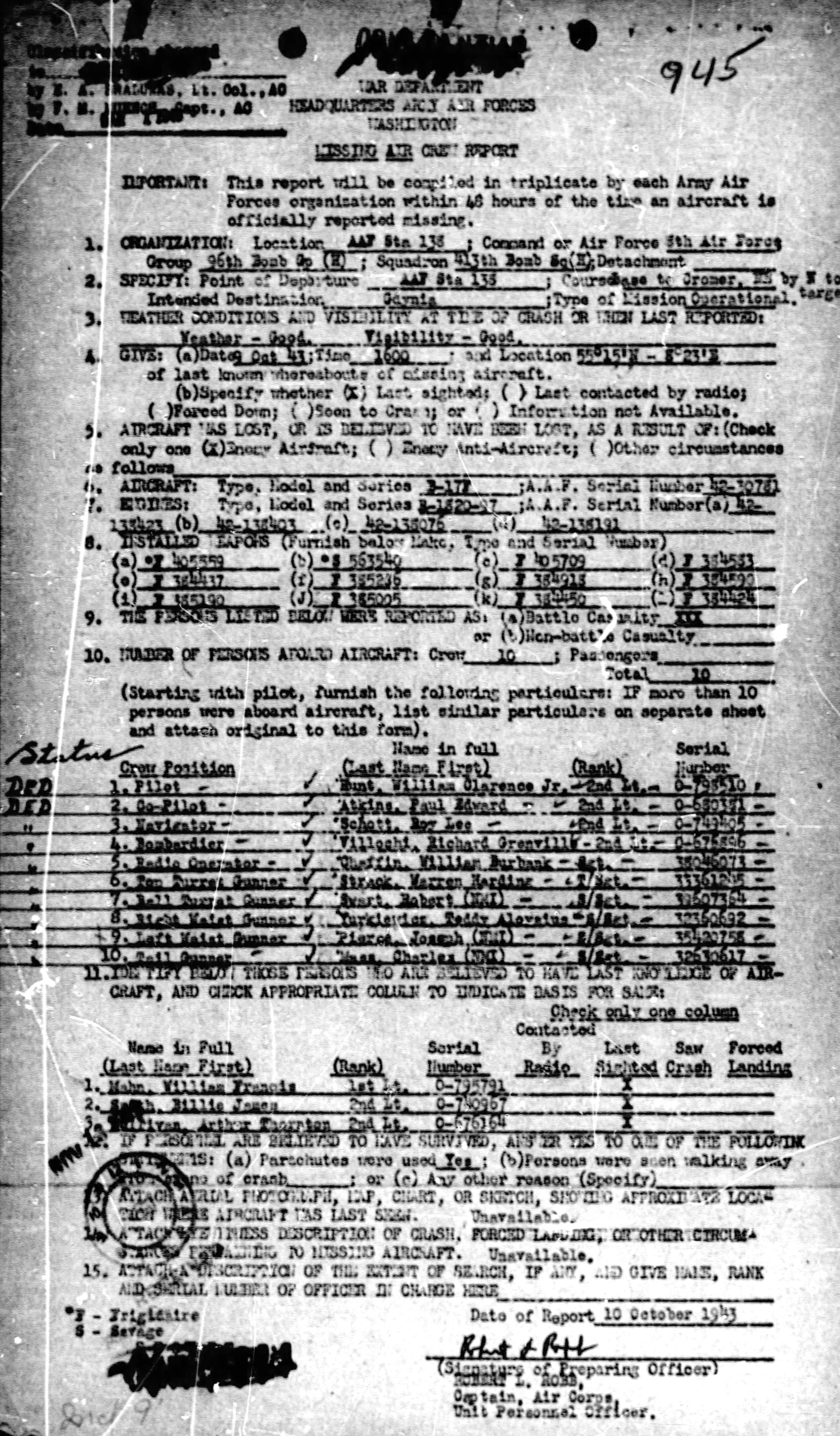 Missing Air Crew Report for Staff Sergeant Teddy A. Yurkiewicz