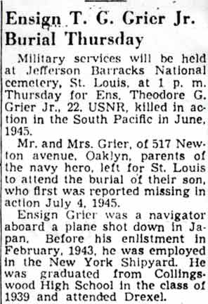 Newspaper: Ensign T. G. Grier Jr. Burial Thursday