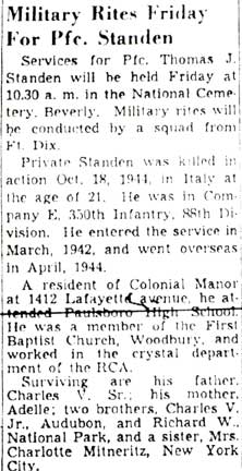 Camden Courier-Post, June 13, 1949 — Military Rites Friday For Pfc. Standen