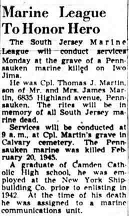 Camden Courier-Post — Marine League To Honor Hero