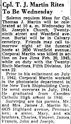 Camden Courier-Post — Cpl. T. J. Martin Rites To Be Wednesday