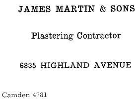 James Martin & Sons, Plastering Contractor — advertisement in St. Joseph's Church Golden Jubilee Yearbook, 1943