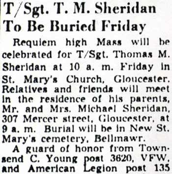 Obituary clipping for T/Sgt. Thomas M. Sheridan, Camden Courier-Post