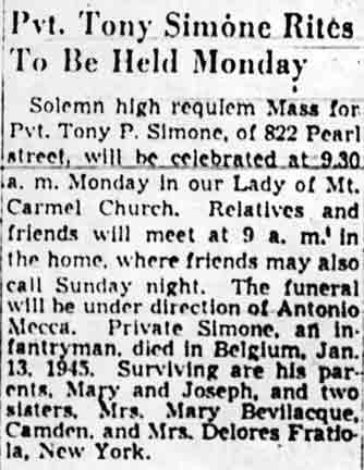 Obituary for Pvt. Tony P. Simone, Camden Courier-Post, May 20, 1948