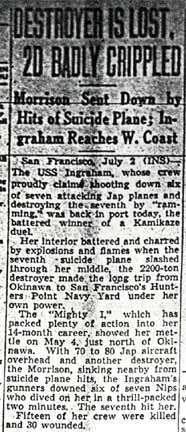 Camden Courier-Post, July 3, 1945 — Destroyer Is Badly Crippled, column 1