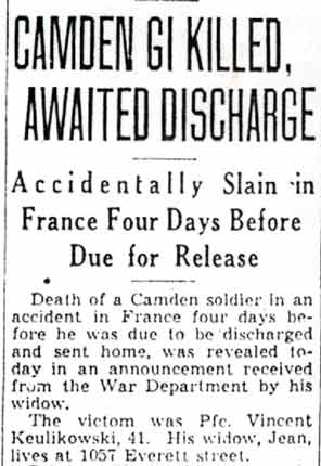 Camden Courier-Post, October 30, 1945 — Camden GI Killed, Awaited Discharge, headline