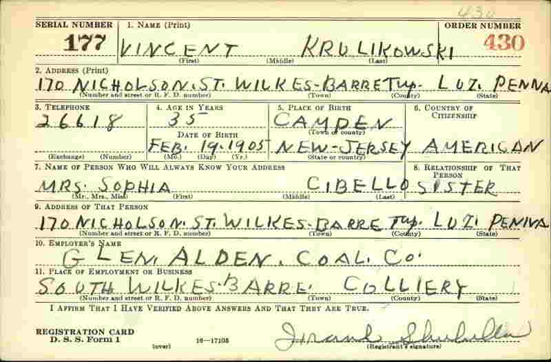 Vincent Krulikowski draft card