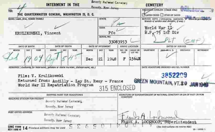 Vincent Krulikowski National Cemetery interment form