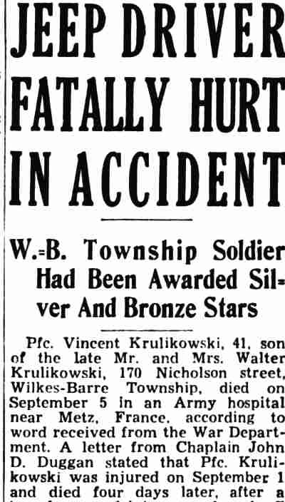 Wilkes-Barre Times Leader, October 20, 1945 — Jeep Driver Fatally Hurt In Accident, column 1