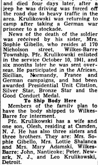 Wilkes-Barre Times Leader, October 20, 1945 — Jeep Driver Fatally Hurt In Accident, column 2