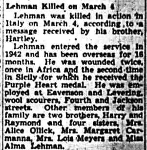 Lehman Killed on March 4, Camden Courier-Post, April 21, 1944