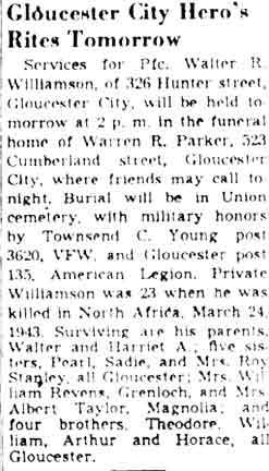 Obituary clipping for Private First Class Walter R. Williamson, Camden Courier-Post, May 28, 1948