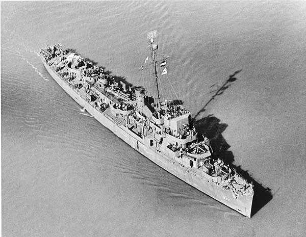 Aerial photo of the USS Bowers off Alameda Naval Air Station, February 2, 1945