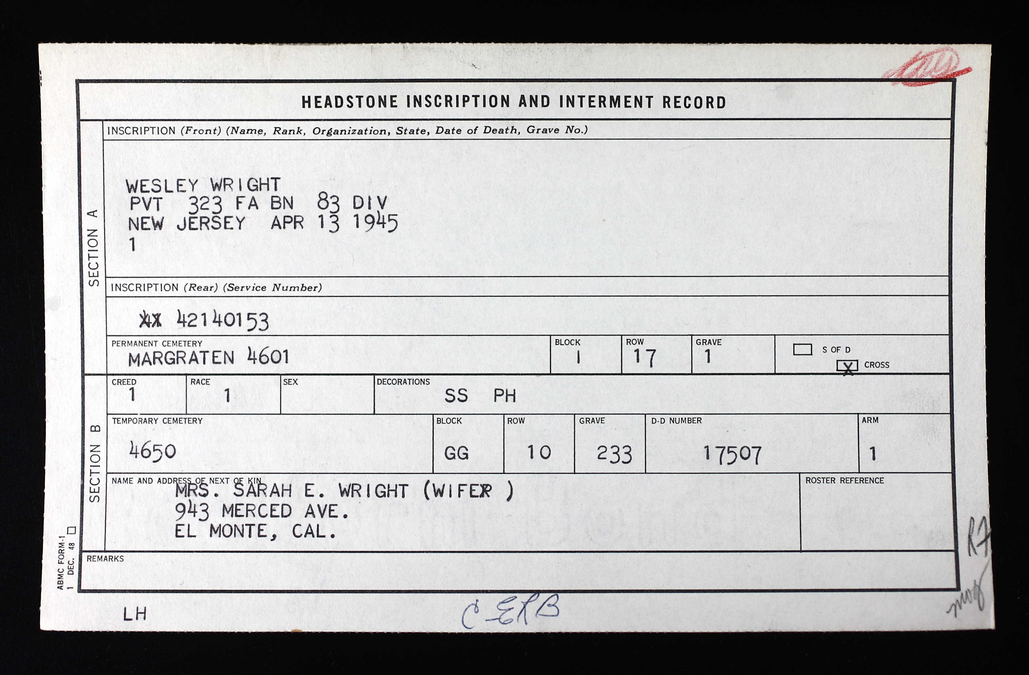 Wesley Wright headstone inscription and interment record