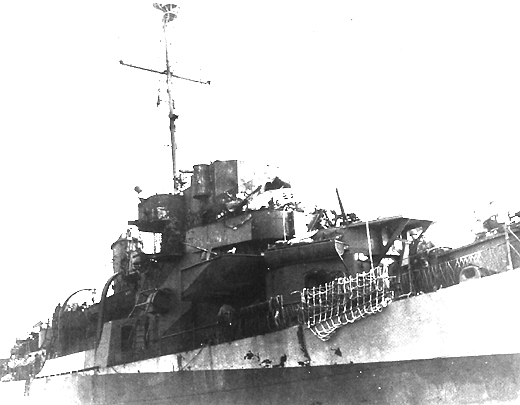 USS Bowers on April 16, 1945; the remains of a Japanese Nakajima Ki-43 'Oscar' are visible on the bridge