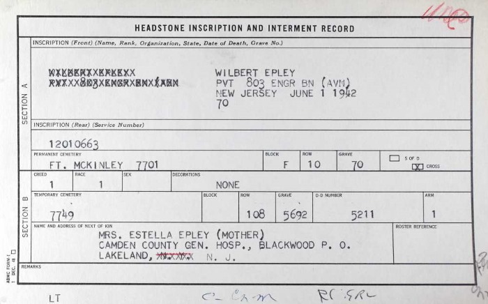 Wilbert Epley headstone inscription and interment record