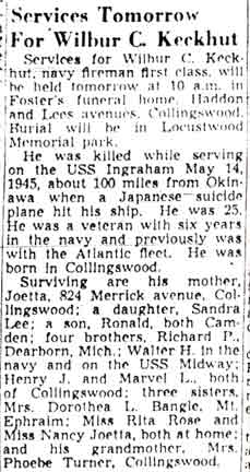 Camden Courier-Post, May 13, 1949 — Services Tomorrow For Wilbur C. Keckhut