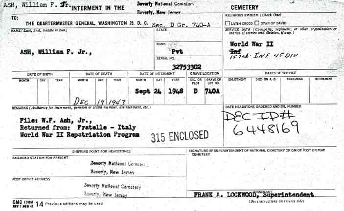William F. Ash Jr. interment record