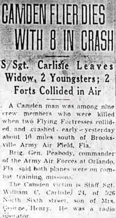 Camden Flier Dies With 8 in Crash, Camden Courier-Post, January 1944