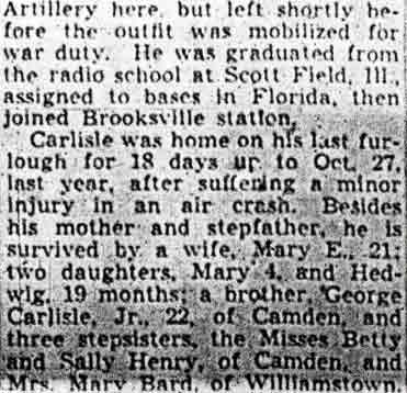 Camden Flier Dies With 8 in Crash, Camden Courier-Post, January 1944