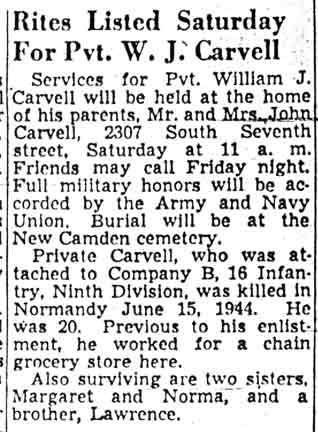 Obituary for Private William J. Carvell
