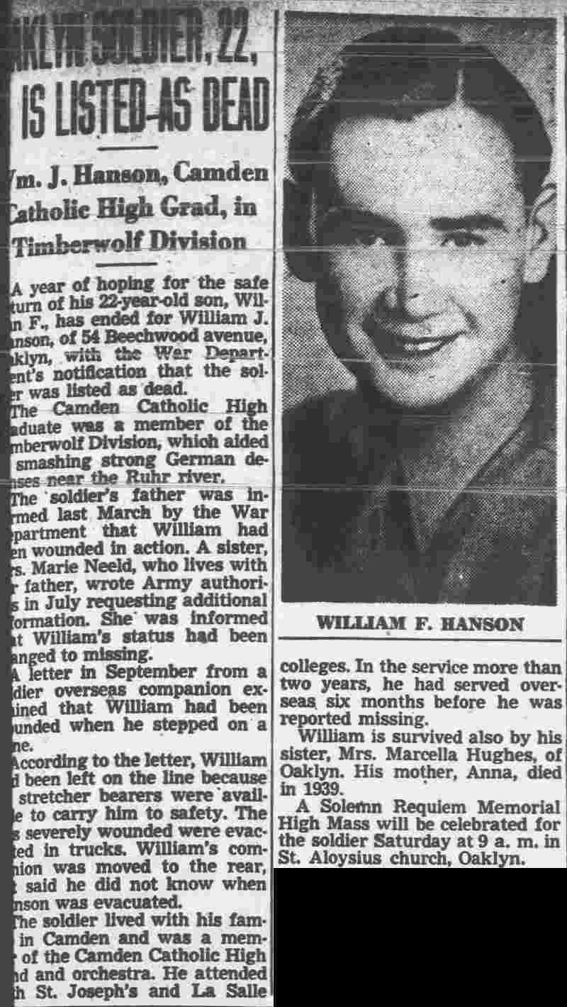 Oaklyn Soldier, 22, Is Listed As Dead, Camden Courier-Post, March 7, 1946