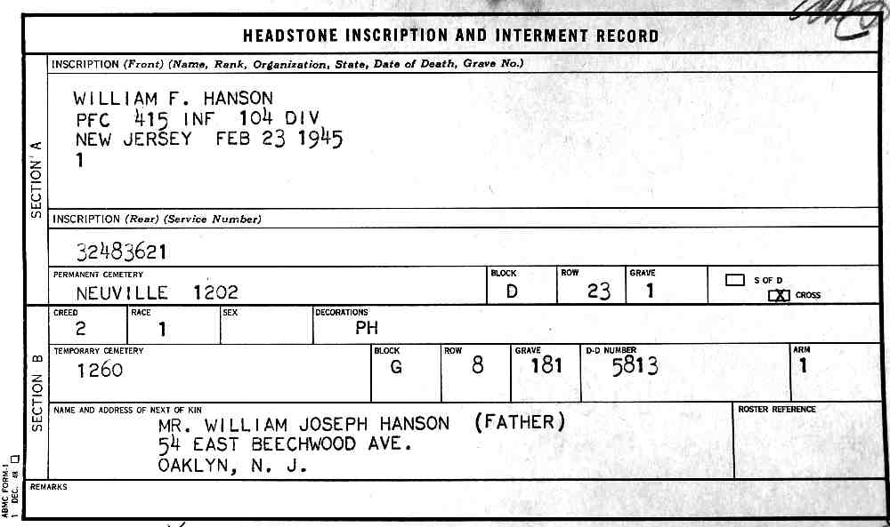 William F. Hanson interment record, Ardennes American Cemetery