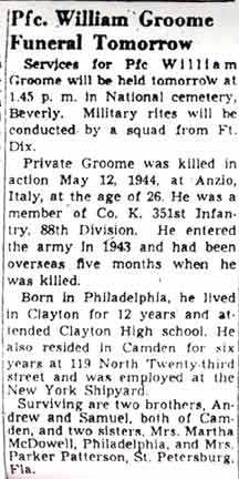 Pfc. William Groome Funeral Tomorrow, Camden Courier-Post, June 22, 1949