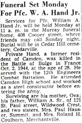 Funeral Set Monday For Pfc. W. A. Hand Jr., Camden Courier-Post, March 24, 1945