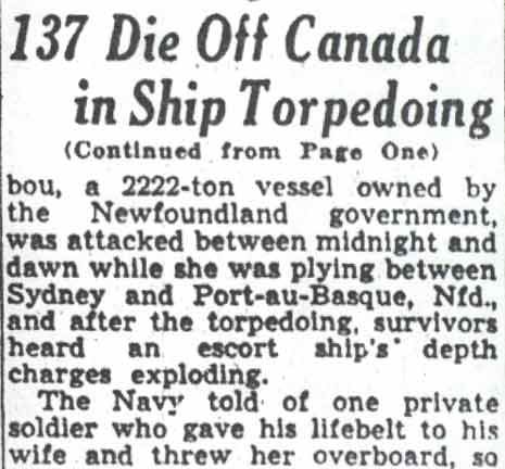 137 Die Off Canada in Ship Torpedoing