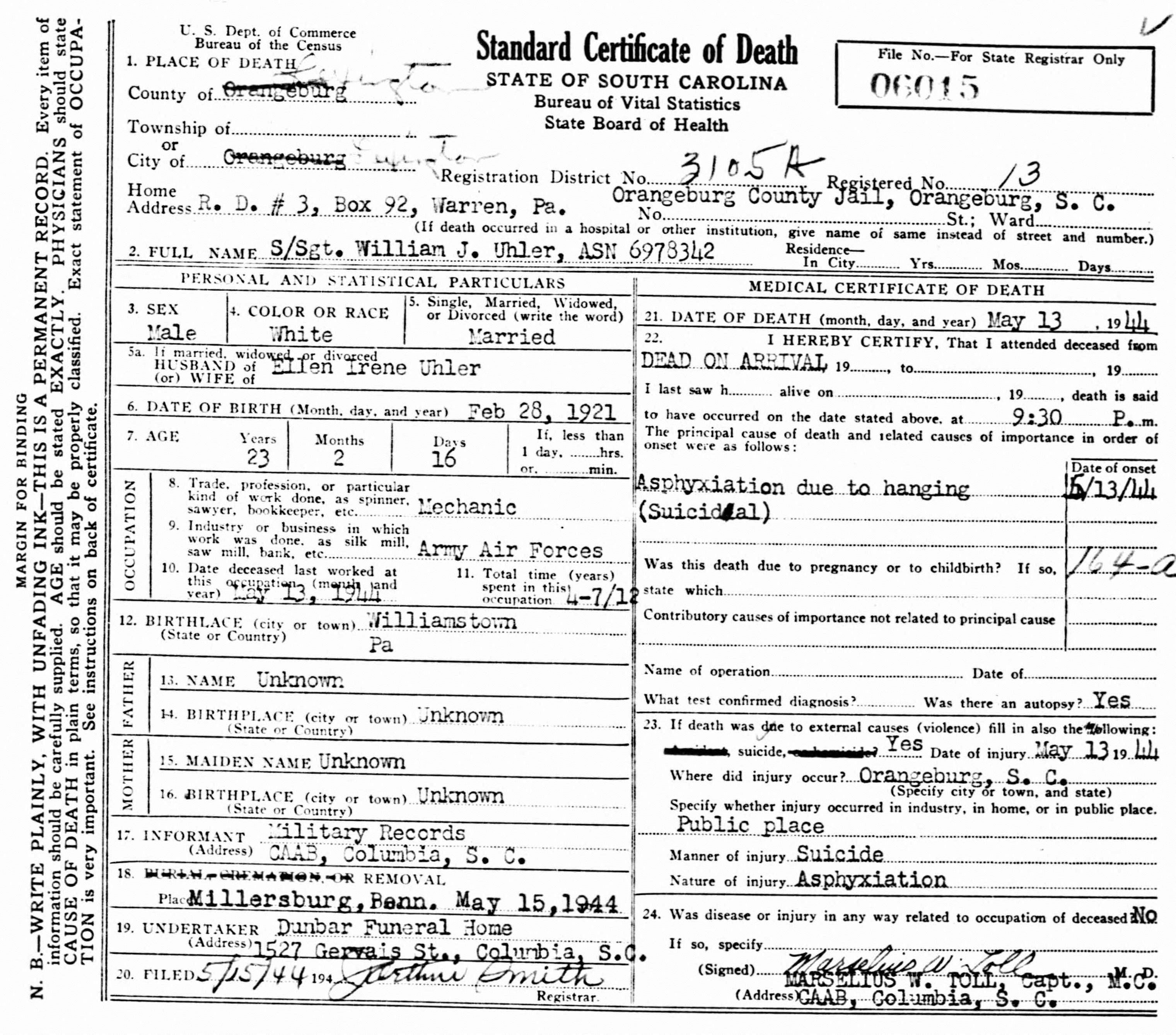 Death certificate for William J. Uhler