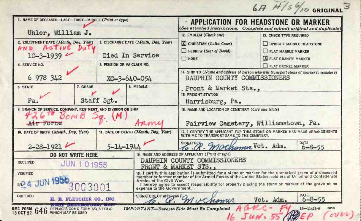 Application for headstone or marker for William J. Uhler
