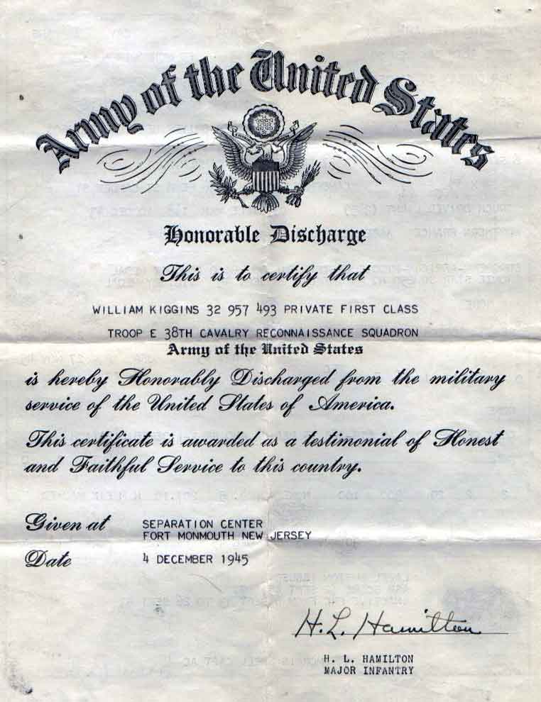 Honorable discharge document for William Kiggins, Sr., page 1