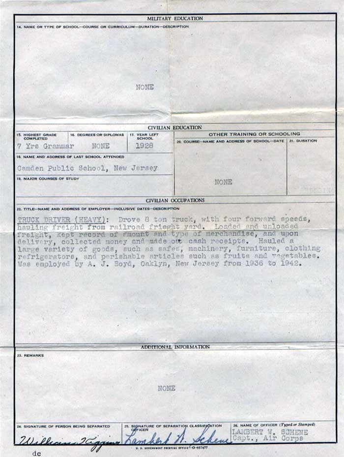 Honorable discharge document for William Kiggins, Sr., page 2