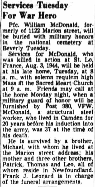 Camden Courier-Post, May 21, 1948 — Services Tuesday For War Hero