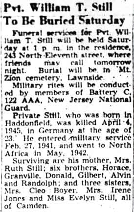 Obituary for Pvt. William T. Still, Camden Courier-Post, December 16, 1948