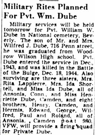 Camden Courier-Post, November 18, 1947 — Military Rites Planned For Pvt. Wm. Dube