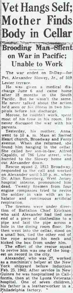 Camden Courier-Post article: Vet Hangs Self; Mother Finds Body in Cellar